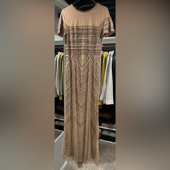 Women’s Beige Theia Embellished Tulle Column Evening Gown - Picture 4 of 16